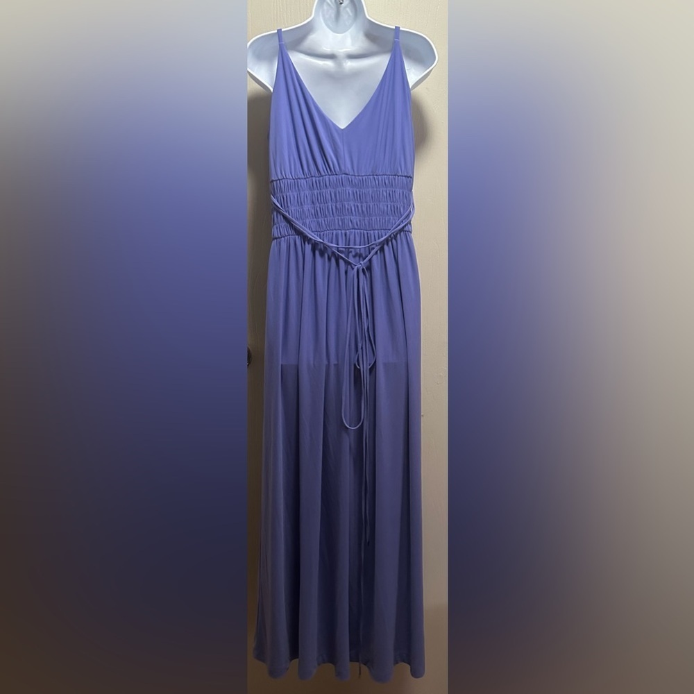 ✨💜White House Black Market WHBM Purple PeriwinkleV-Neck Ruched Maxi Dress Size M - Picture 3 of 16